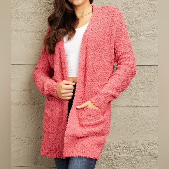Zenana Outfitters Sweaters - SALE! Zenana Falling For You Full Size Open Front Popcorn Cardigan in Coral Pink
